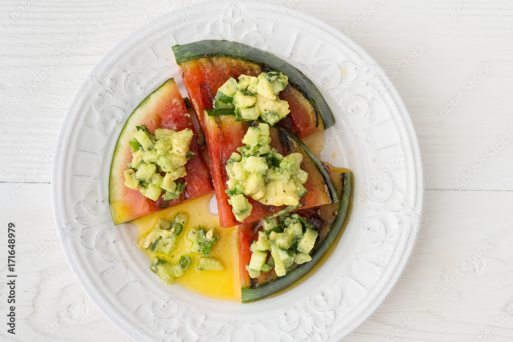 Grilled Watermelon with Avocado, Cucumber, Jalapeno salsa Grilled Watermelon with Avocado, Cucumber, Jalapeno salsa