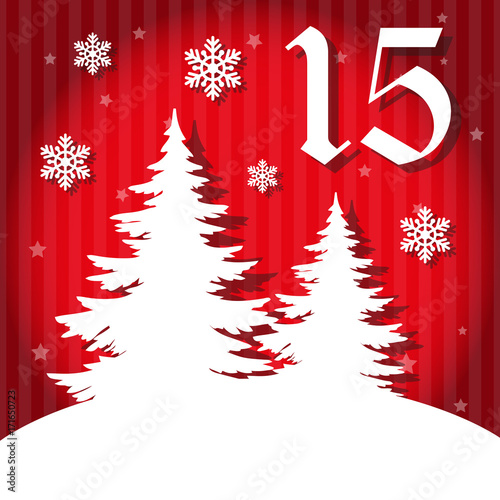 Christmas advent holiday calendar banner.  Silhouette christmas tree, snowflakes on red gradient background with stars. Cartoon style. Vector illustration