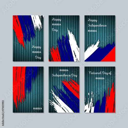 Russia Patriotic Cards for National Day. Expressive Brush Stroke in National Flag Colors on dark striped background. Russia Patriotic Vector Greeting Card.