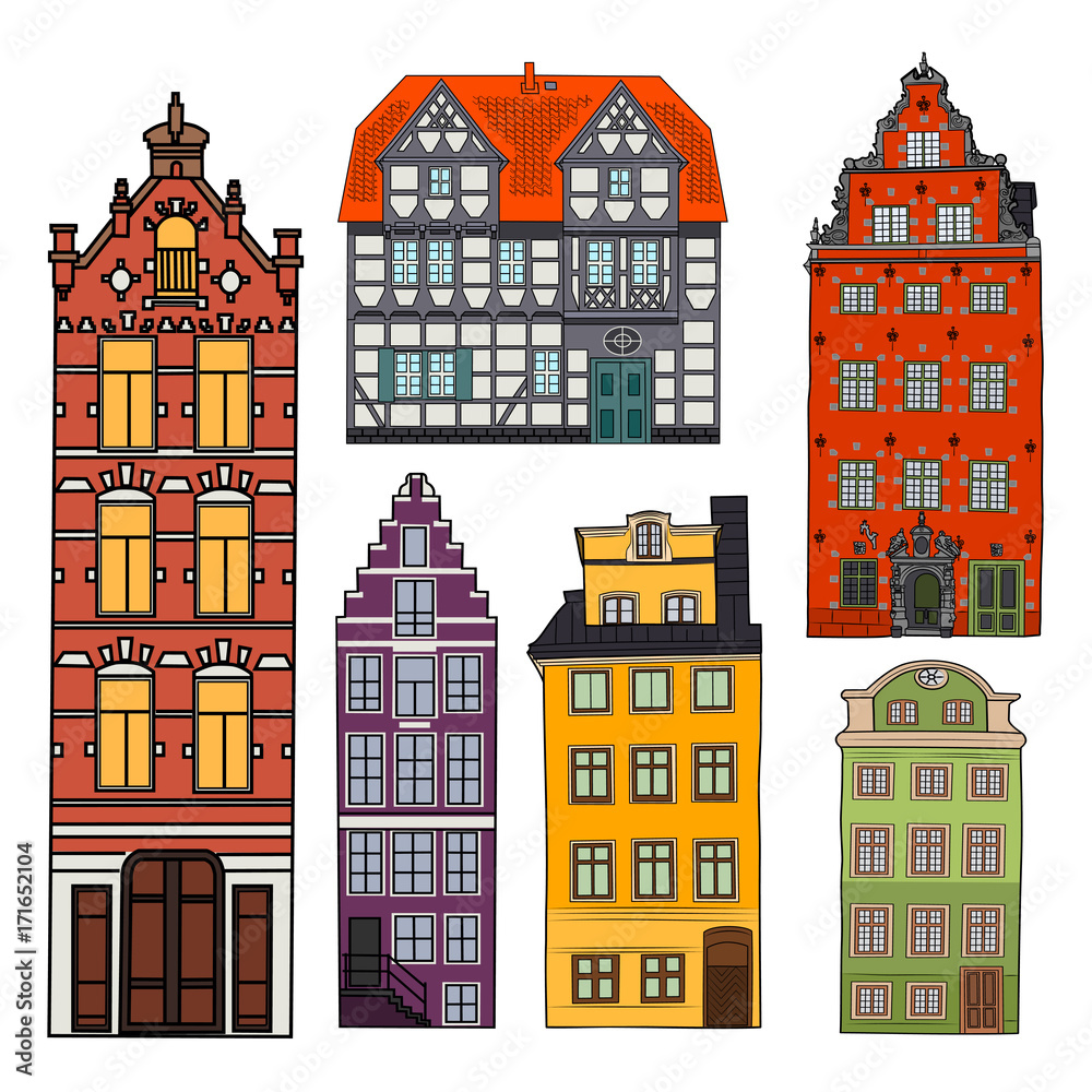 A set of facades of old European houses. Vector illustration.