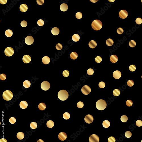 Golden dots seamless pattern on black background. Unusual gradient golden dots endless random scattered confetti on black background. Confetti fall chaotic decor. Modern creative pattern.