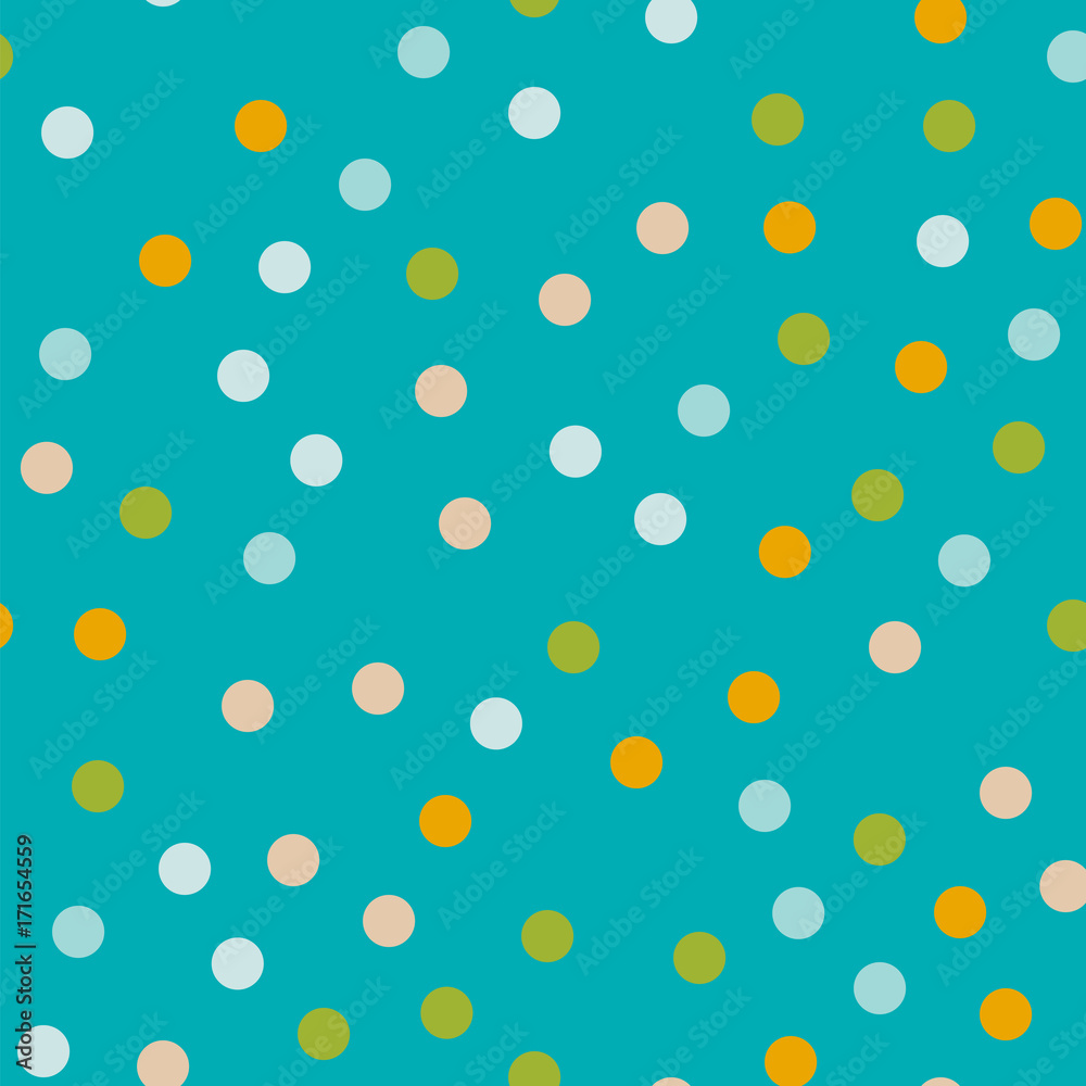 Colorful polka dots seamless pattern on bright 1 background. Bewitching classic colorful polka dots textile pattern. Seamless scattered confetti fall chaotic decor. Abstract vector illustration.