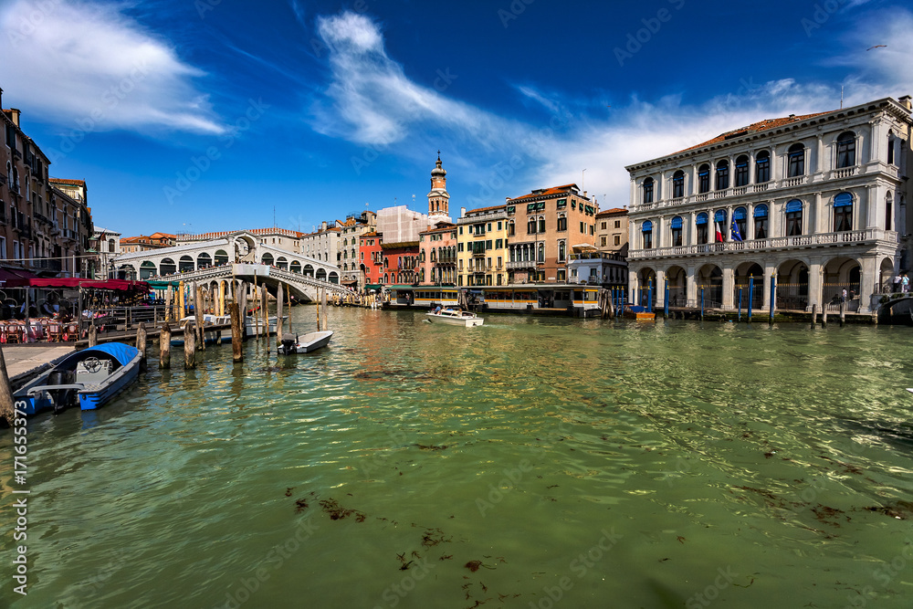 Italy. Venice. The Grand Canal and Rialto Bridge (Ponte di Rialto). Venice and its Lagoon is on UNESCO World Heritage List