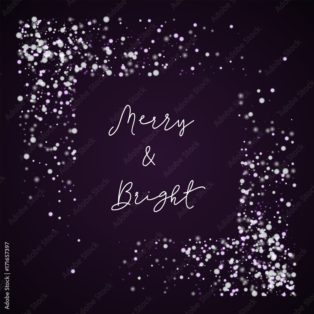 Merry & Bright greeting card. Amazing falling snow background. Amazing falling snow on deep purple background.good-looking vector illustration.