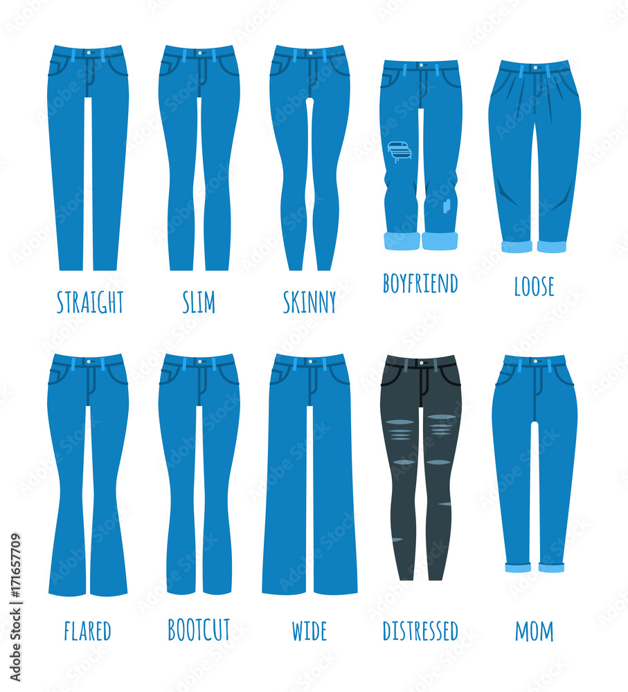 Vetor do Stock: Women jeans styles collection. Denim fashion female pants.  Trendy models of cotton trousers for modern girl. Flat vector icons.  Clothing guide infographics