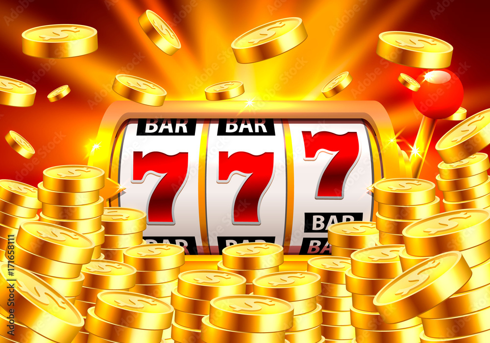 Golden slot machine wins the jackpot. Piles of gold coins. Vector illustration isolated on blue