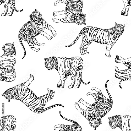 Seamless pattern of hand drawn sketch style tigers. Vector illustration isolated on white background.