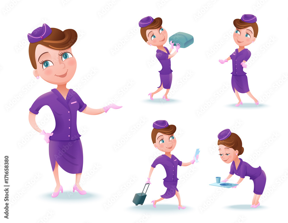 Stewardess cartoon character set, airline crew member, cute girl in violet uniform serving food, doing safety briefing, vector illustration Stewardess cartoon character set, airline crew member, cute girl in violet uniform serving food, doing safety briefing, vector illustration