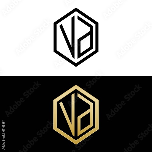 initial letters logo vd black and gold monogram hexagon shape vector