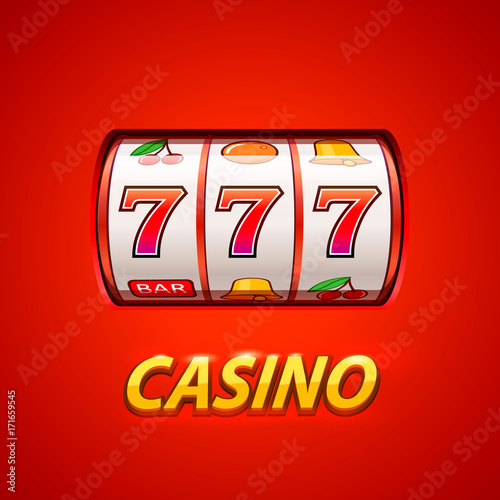 Golden slot machine wins the jackpot. Isolated on red background . Vector illustration