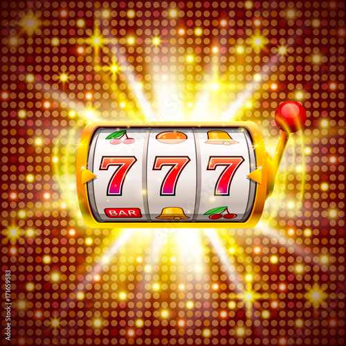 Golden slot machine wins the jackpot. Isolated on red background . Vector illustration
