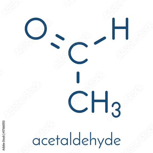 Acetaldehyde (ethanal) molecule, chemical structure. Acetaldehyde is a toxic molecule responsible for many symptoms of alcohol hangover.  Skeletal formula.