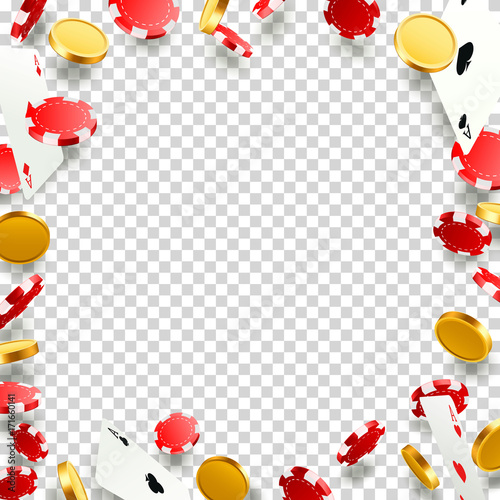 Flying falling poker cards with playing chips and coins. Casino objects on the transparent background. Vector illustration