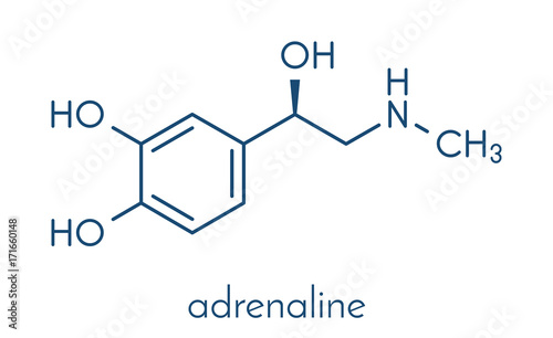 Adrenaline (adrenalin, epinephrine) neurotransmitter molecule. Used as drug in treatment of anaphylaxis Skeletal formula.