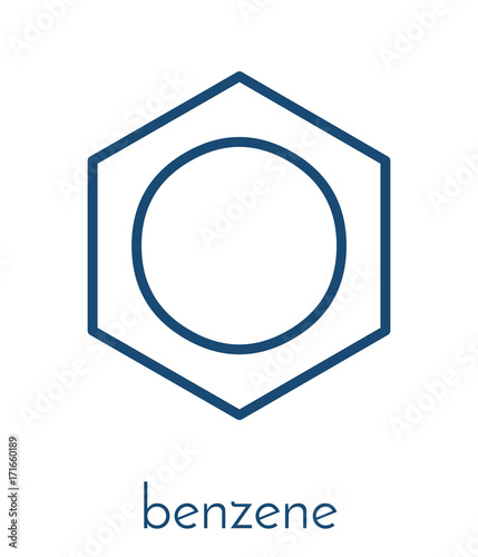 Benzene aromatic hydrocarbon molecule. Important in petrochemistry, component of gasoline. Skeletal formula.