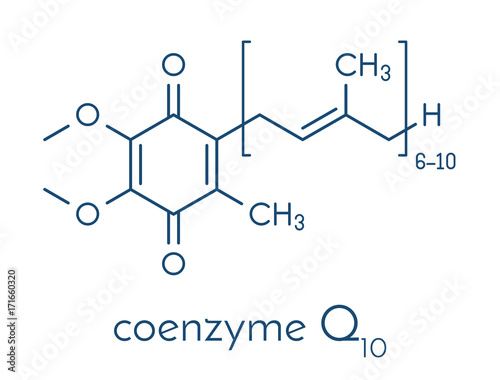 Coenzyme Q10 (ubiquinone, ubidecarenone, CoQ10) molecule, chemical structure. Plays an essential role in the production of cellular energy; has antioxidant properties. Skeletal formula. photo