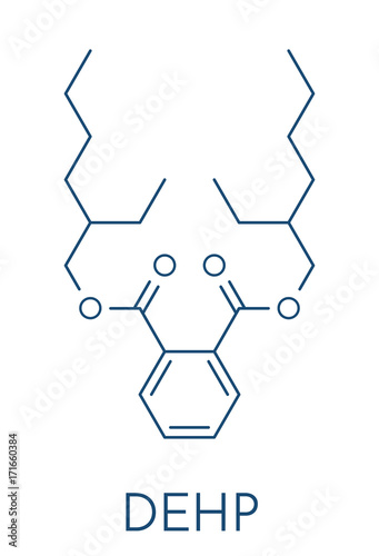 DEHP (Bis(2-ethylhexyl) phthalate, diethylhexyl phthalate, dioctyl phthalate, DOP) plasticizer molecule. Skeletal formula.