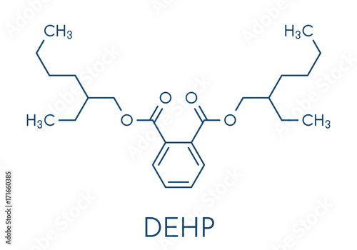DEHP (Bis(2-ethylhexyl) phthalate, diethylhexyl phthalate, dioctyl phthalate, DOP) plasticizer molecule. Skeletal formula.