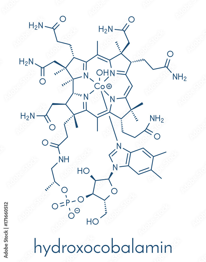 Hydroxocobalamin vitamin B12 molecule. Often given therapeutically in case of B12 deficiency. Skeletal formula. Hydroxocobalamin vitamin B12 molecule. Often given therapeutically in case of B12 deficiency. Skeletal formula.