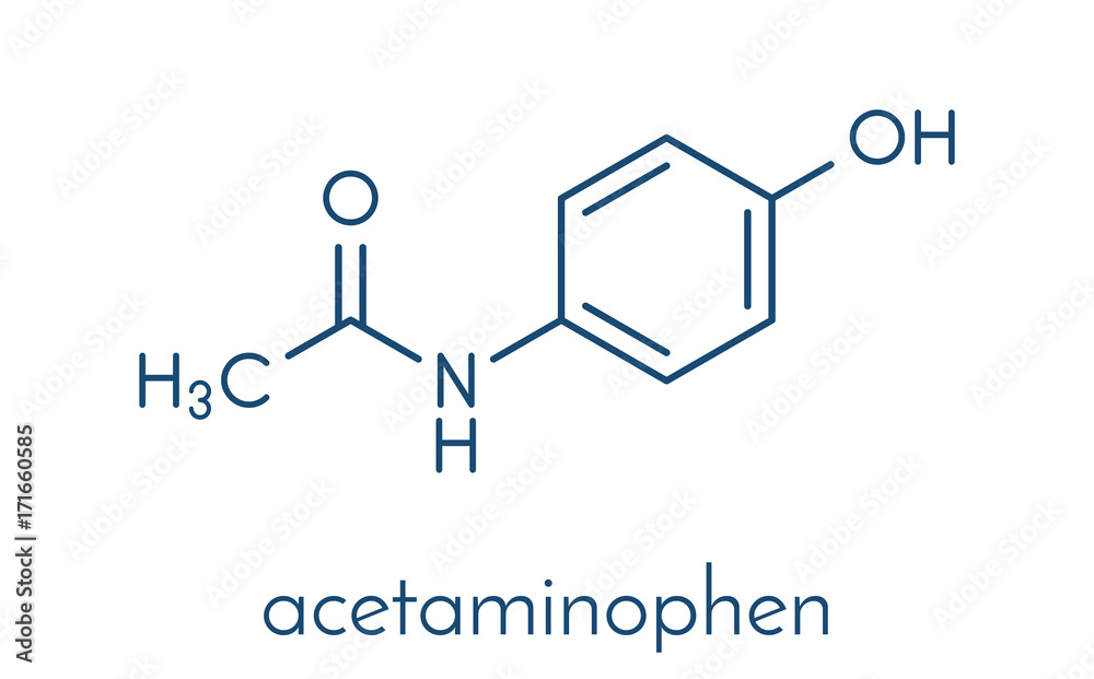 Paracetamol (acetaminophen) analgesic drug molecule. Used to reduce