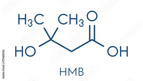 Beta-hydroxy beta-methylbutyric acid (HMB) leucine metabolite molecule. Used as supplement, may increase strength and muscle mass. Skeletal formula.