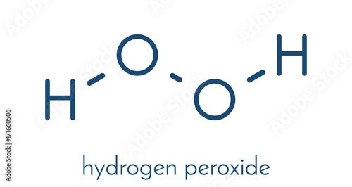 Hydrogen peroxide molecule. Reactive oxygen species (ROS). Used as bleaching agent, disinfectant, chemical reagent, etc. Skeletal formula.