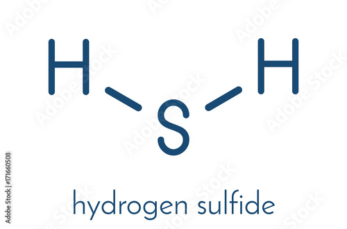 Hydrogen sulfide (H2S) molecule. Toxic gas with characteristic odor of rotten eggs. Skeletal formula.