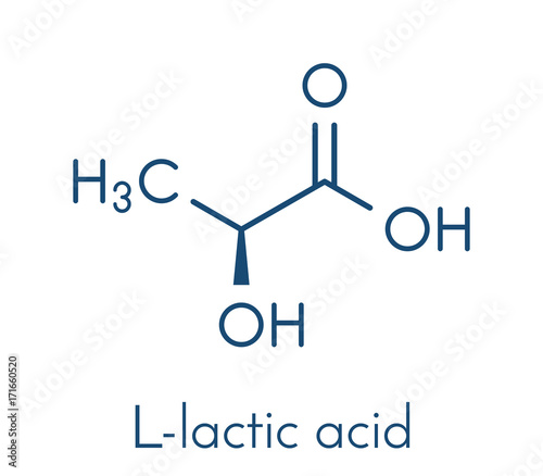Lactic acid (L-lactic acid) milk sugar molecule. Building block of polylactic acid (PLA) bioplastic. Found in milk. Skeletal formula.