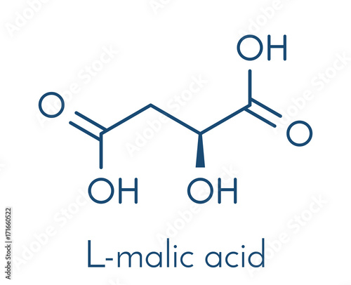 Malic acid fruit acid molecule. Present in apples, grapes, rhubarb, etc and contributes to the sour taste of these. Skeletal formula.