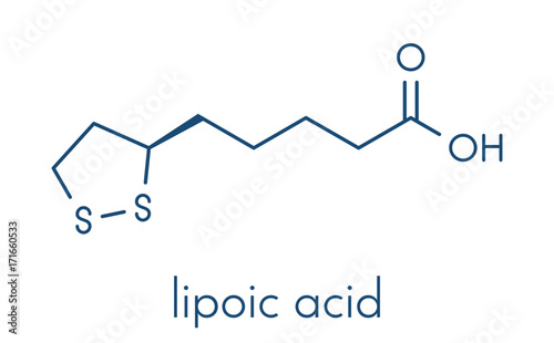 Lipoic acid enzyme cofactor molecule. Present in many nutritional supplements. Believed to have anti-oxidant, anti-aging and weight-loss effects. Skeletal formula.