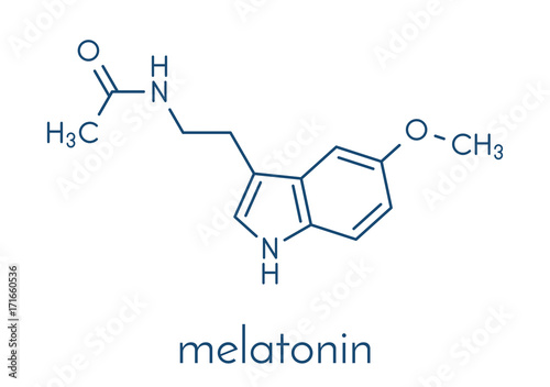 Melatonin hormone molecule. In humans, it plays a role in circadian rhythm synchronization. Skeletal formula. photo