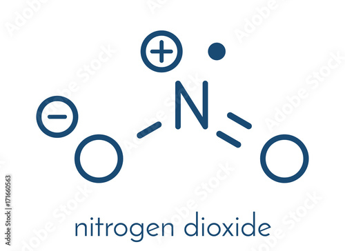 Nitrogen dioxide (NO2) air pollution molecule. Free radical compound, also known as NOx. Skeletal formula.