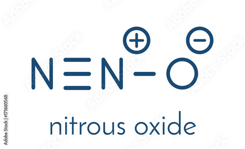 Nitrous oxide (NOS, laughing gas, N2O) molecule. Used in surgery as analgesic and anesthetic drug, and also as oxidizer in rocket motors and combustion engines. Skeletal formula.