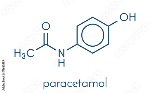 Paracetamol (acetaminophen) analgesic drug molecule. Used to reduce fever and relieve pain. Skeletal formula.
