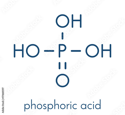 Phosphoric acid mineral acid molecule. Used in fertilizer production, biological buffers, as food additive, etc. Skeletal formula.