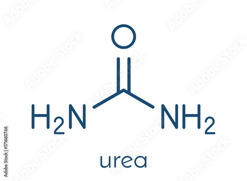 Urea (carbamide) molecule. Used in cosmetics, fertilizer; present in urine. Skeletal formula.