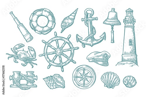 Anchor, wheel, bollard, hat, compass rose, shell, crab, lighthouse engraving