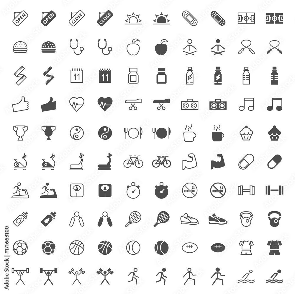 Set of 100 Fitness Minimal and Solid Icons . Vector Isolated Elements