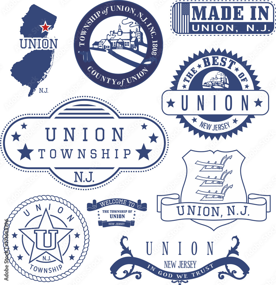 Fototapeta premium Union township, NJ. Set of generic stamps and signs