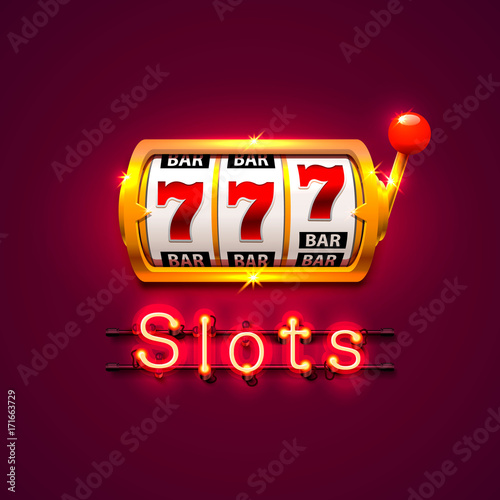 Neon golden slot machine wins the jackpot. Isolated on red background. Vector illustration
