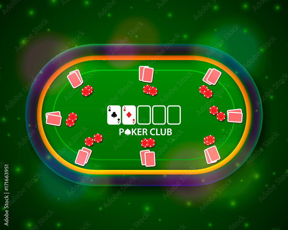 Poker table with the cards and chips on a green background. Vector illustration Stock Vector