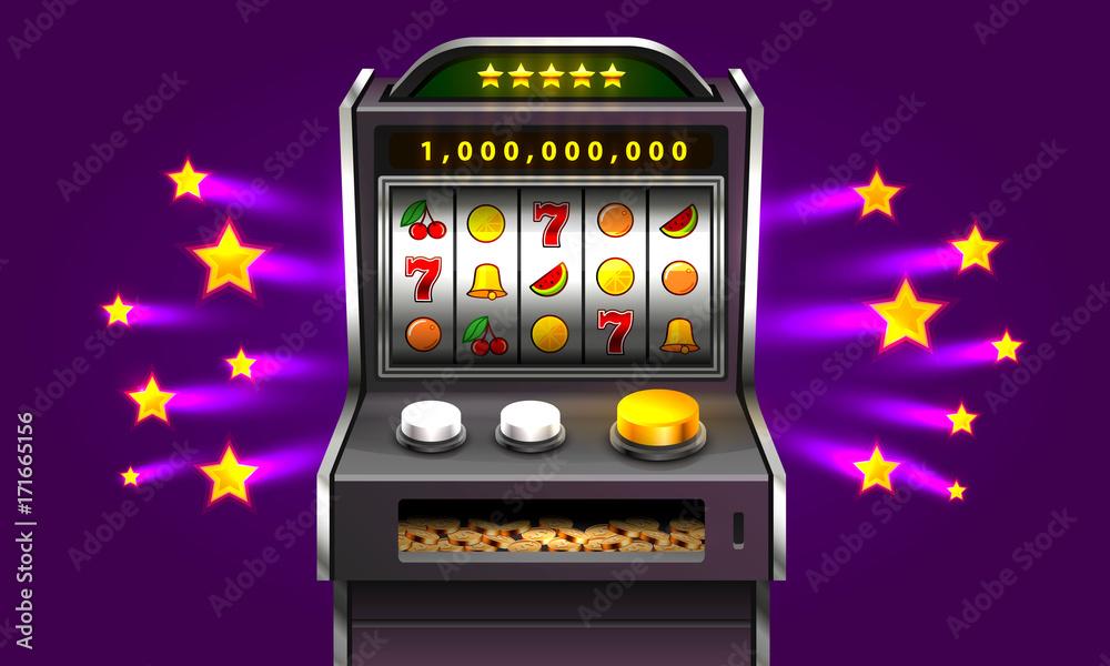 3d slots machine wins the jackpot, Isolated on purple star background. Vector illustration 3d slots machine wins the jackpot, Isolated on purple star background. Vector illustration