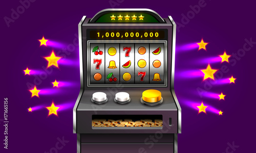 3d slots machine wins the jackpot, Isolated on purple star background. Vector illustration