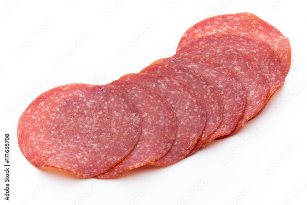 Salami slices isolated on white background. Salami slices isolated on white background.