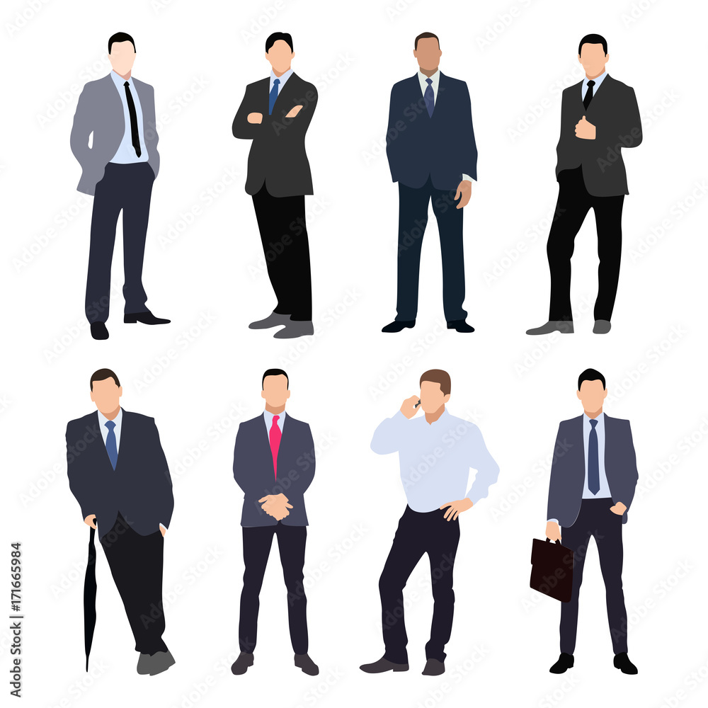 Collection of man silhouettes, dressed in business style. Formal suit, tie, different poses. Flat style vector image.