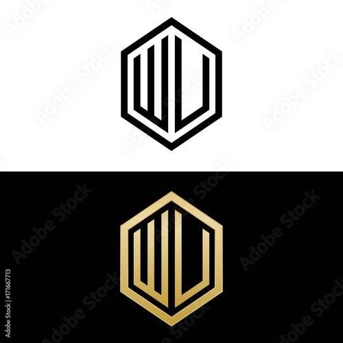 initial letters logo wu black and gold monogram hexagon shape vector photo