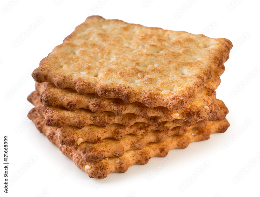 Stack of tasty, crunchy french crackers isolated on a white background, close up.