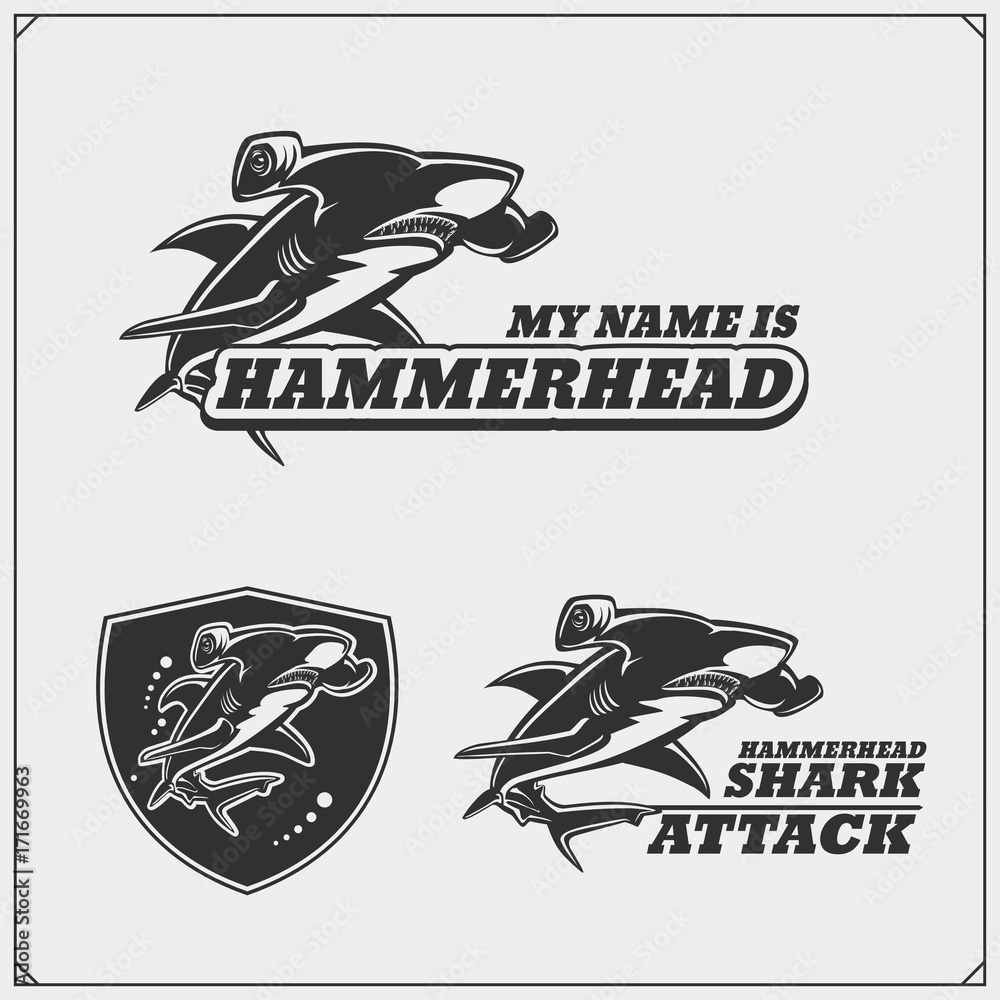 The emblems with hammerhead shark for a sport team. - obrazy, fototapety, plakaty 