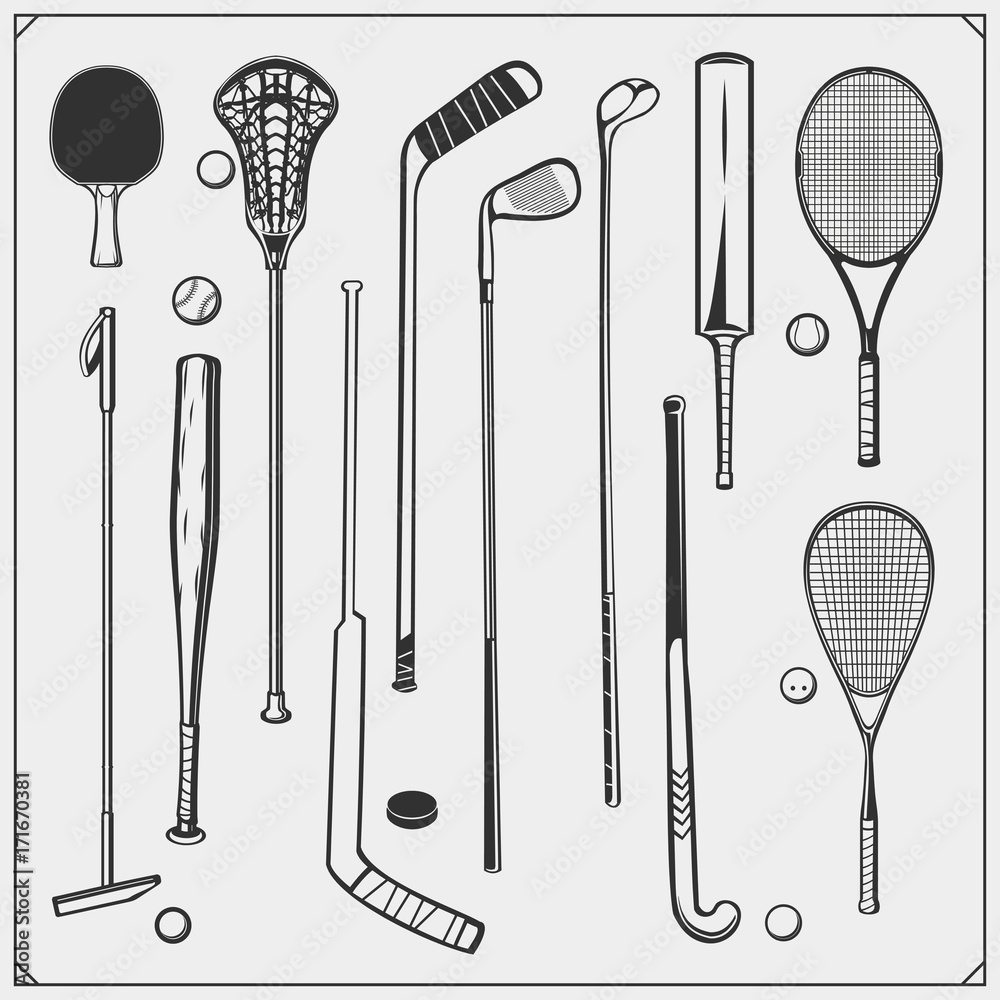 Vecteur Stock Set of Sport equipment. Polo, ping pong, lacrosse, baseball,  cricket, golf, squash, hockey and tennis. | Adobe Stock