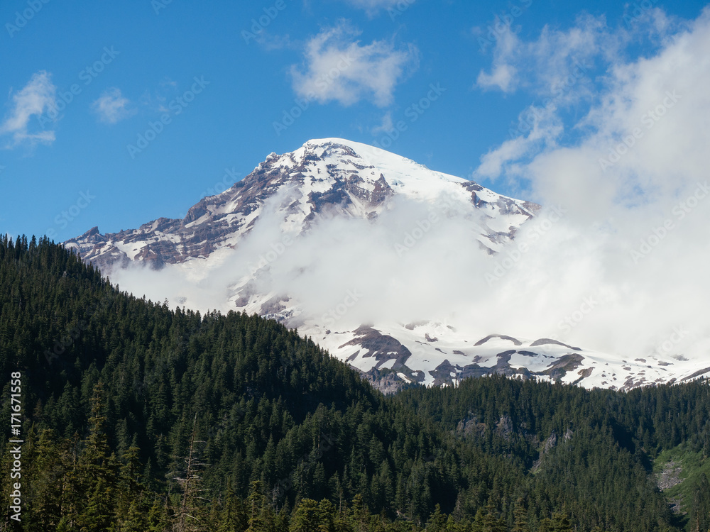 Clouds in front of snow covered Mt. Rainier with pine trees. Washington State. Clouds in front of snow covered Mt. Rainier with pine trees. Washington State.